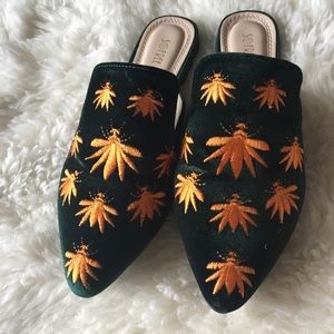 Adorable Velvet Green Slip On Mules